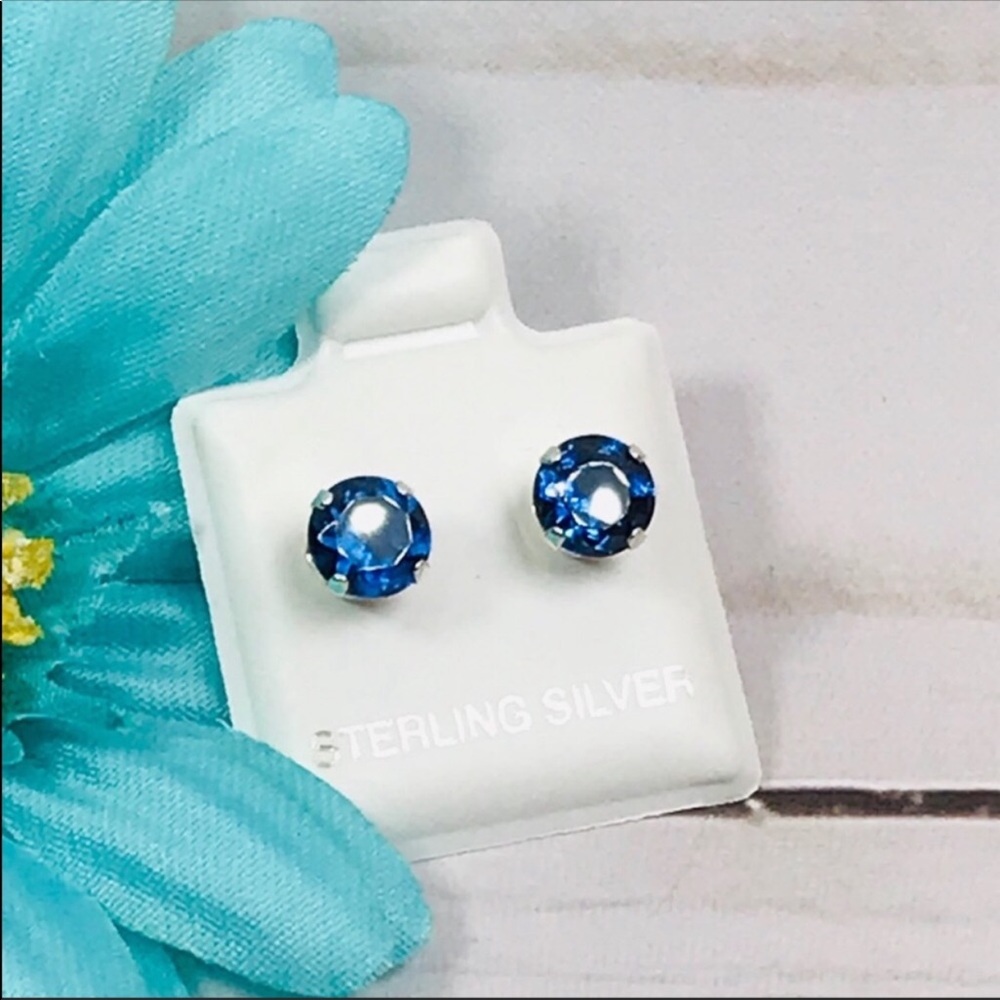 Sterling Silver Blue Cubic Zirconia Stud Earrings